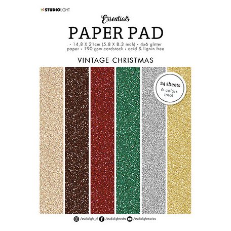 Papírkészlet A5, Glitter paper Vintage Christmas Essentials nr.50 / SL Paper Pad Blocks (24 lap)
