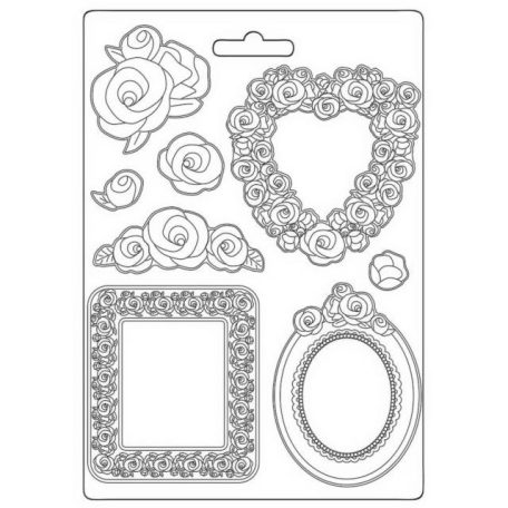 Textúra alap A4, Rose Parfum frames and roses / Stamperia Soft Mould (1 db)