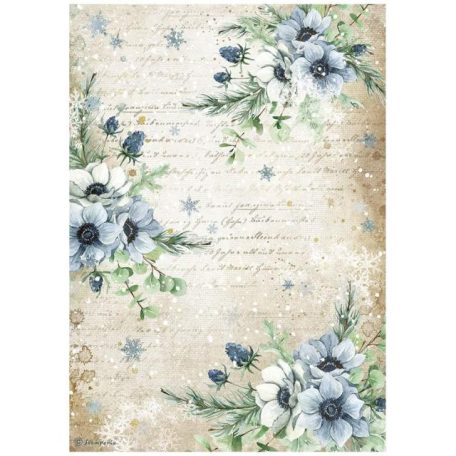 Rizspapír A4, Romantic Cozy winter blue flowers / Stamperia Rice Paper (1 ív)