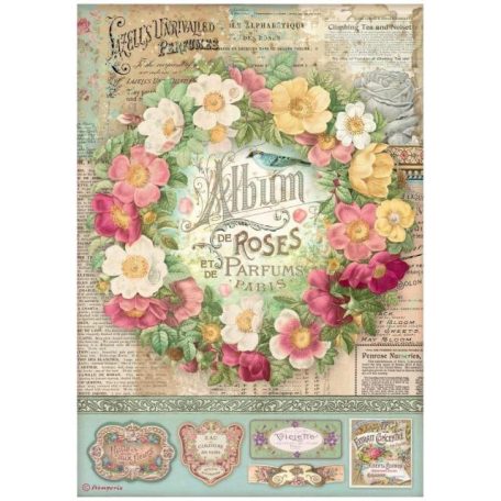 Rizspapír A4, Rose Parfum Album de roses / Stamperia Rice Paper (1 ív)