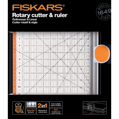 Fiskars görgős vágóasztal, vonalzó funkcióval, Rotary Cutter & Ruler Combo 12x12 Inch Ø45mm (1 db)