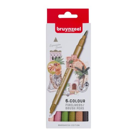 Kéthegyű filctoll készlet, Marrakesh Expression Series / Bruynzeel Fineliner / Brush Pen set (6 db)