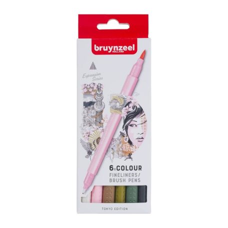 Kéthegyű filctoll készlet, Tokyo Expression Series / Bruynzeel Fineliner / Brush Pen set (6 db)