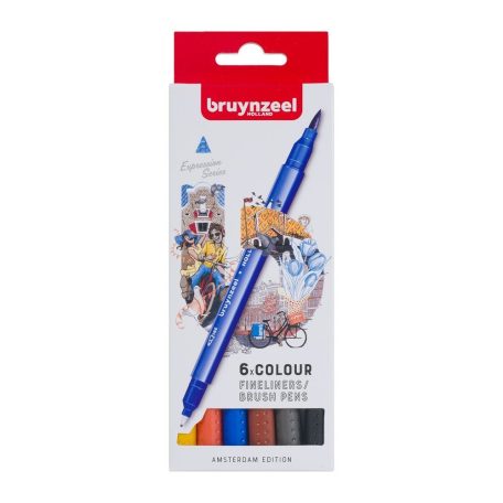 Kéthegyű filctoll készlet, Amsterdam Expression Series / Bruynzeel Fineliner / Brush Pen set (6 db)