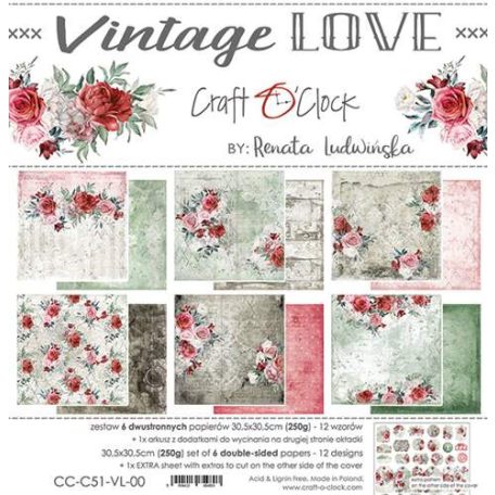 Papírkészlet 12" (30 cm), Vintage Love / Craft O'Clock Paper Collection Set (1 csomag)