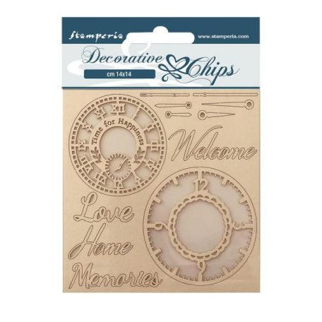 Chipboard 14x14 cm, Create Happiness Welcome Home Clocks/ Stamperia Decorative Chips (1 ív)