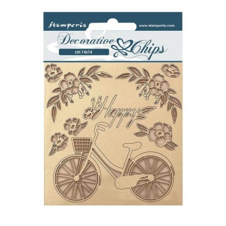 Chipboard 14x14 cm, Create Happiness Welcome Home Bicycle/ Stamperia Decorative Chips (1 ív)