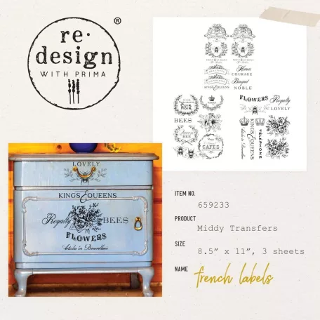 Re-Design with Prima Transzfer fólia 8.5"x11" (21x28cm) French Labels - Decor Transfers (1 csomag)