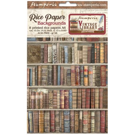 Stamperia Rízspapír készlet A6 - Vintage Library - Rice Paper Backgrounds (8 ív)