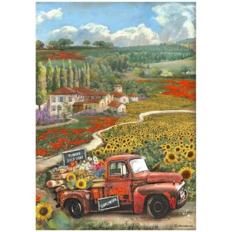 Stamperia Rizspapír A4 - Sunflower Art -  Vintage Car - Rice Paper (1 ív)