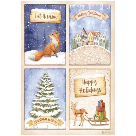 Stamperia Rizspapír A4 - Winter Valley - 4 Cards Fox - Rice Paper (1 ív)