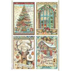   Stamperia Rizspapír A4 - Christmas Greetings - 4 Cards - Rice Paper (1 ív)