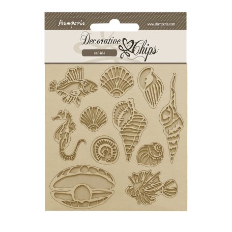 Stamperia Chipboard 14x14 cm - Songs of the Sea - Shells and fish - Stamperia Decorative Chips (1 ív)
