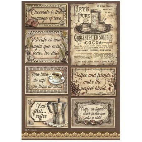 Stamperia Rizspapír A4 - Coffee and Chocolate - Labels - Rice Paper (1 ív)