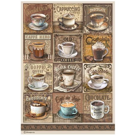 Stamperia Rizspapír A4 - Coffee and Chocolate - Tags with Cups - Rice Paper (1 ív)