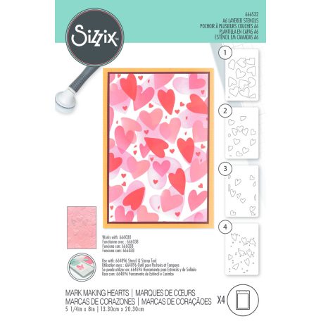 SIZZIX Stencil 666532, Mark Making Hearts / Sizzix Layered Stencil (1 csomag)
