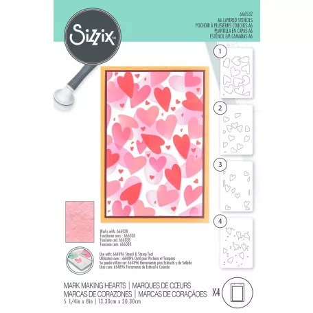 SIZZIX Stencil 666532, Mark Making Hearts / Sizzix Layered Stencil (1 csomag)