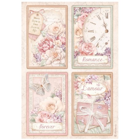 Stamperia Rizspapír A4 - Romance Forever - 4 Cards - Rice Paper (1 ív)