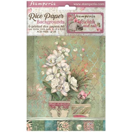 Stamperia Rízspapír készlet A6 - Orchids and Cats - Rice Paper Backgrounds (8 ív)