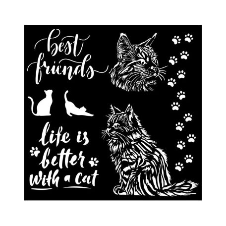 Stamperia Vastag stencil 18x18cm - Orchids and Cats - Best Friends - Thick Stencil  (1 db)