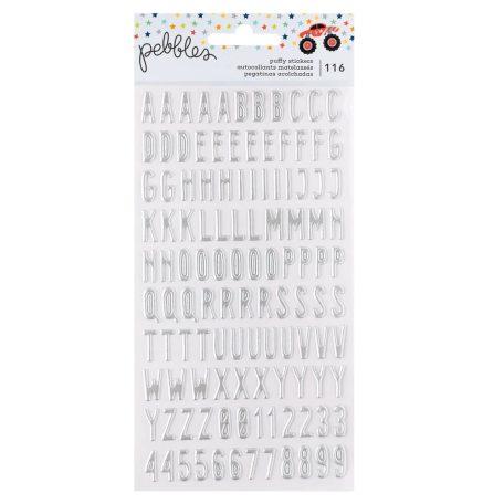 American Crafts Pebbles Cool Boy Pufi matrica Silver Foil Stickers Puffy Alpha (1 csomag)