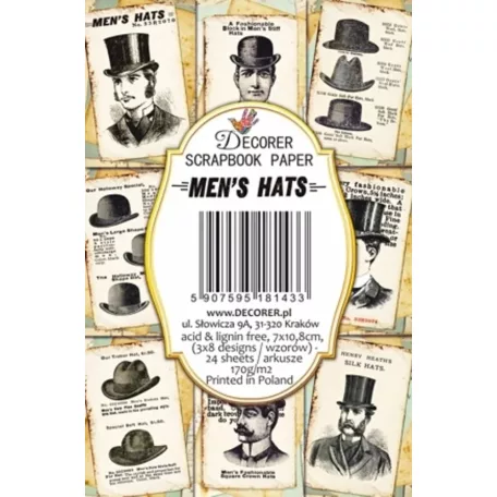 Decorer Papírkészlet 7x10.8 cm - Men’s Hats - Mini Scrapbook paper (24 ív)