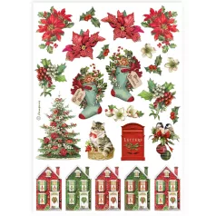   Stamperia All you need for Christmas Rizspapír A4 Classic Christmas socks and houses Rice Paper (1 ív)
