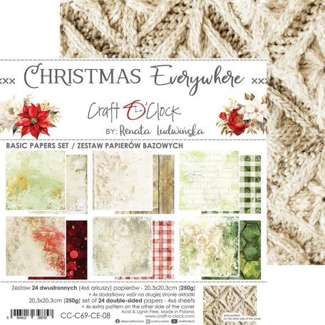Craft O'Clock Scrapbook papírkészlet 8" (20 cm) Christmas Everywhere Basic Paper Set (24 ív)