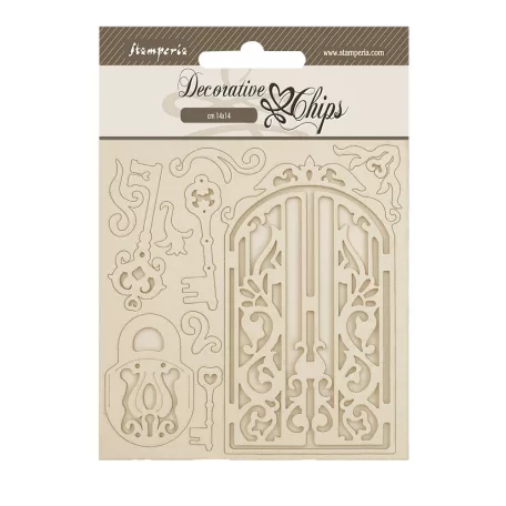 Stamperia Old Lace Chipboard 14x14 cm Gate and Key Decorative Chips (1 ív)
