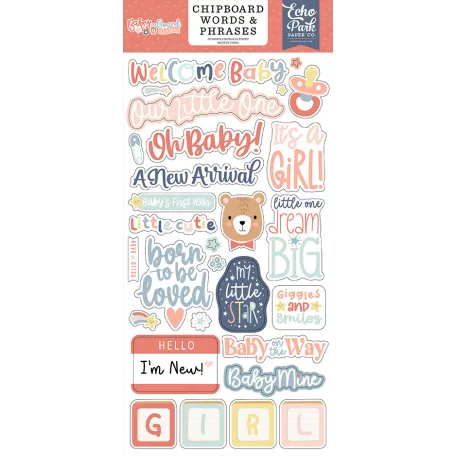 Echo Park Baby On Board - Girl Chipboard 6"X12" Chipboard Phrases (1 ív)