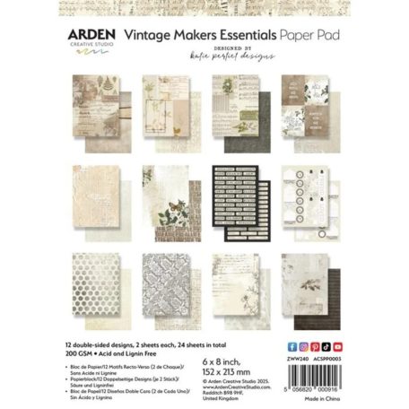 Arden Creative Studio Vintage Makers Papírkészlet   6x8 Inch Paper Pad Essentials (24 ív)