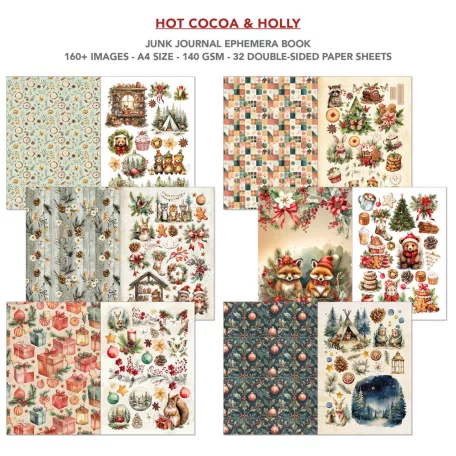 Ciao Bella Hot Cocoa & Holly Kivágóív készlet A4 Junk Journal Ephemera Book (32 ív)