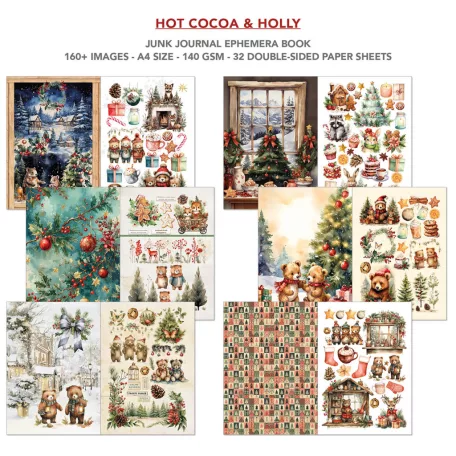 Ciao Bella Hot Cocoa & Holly Kivágóív készlet A4 Junk Journal Ephemera Book (32 ív)