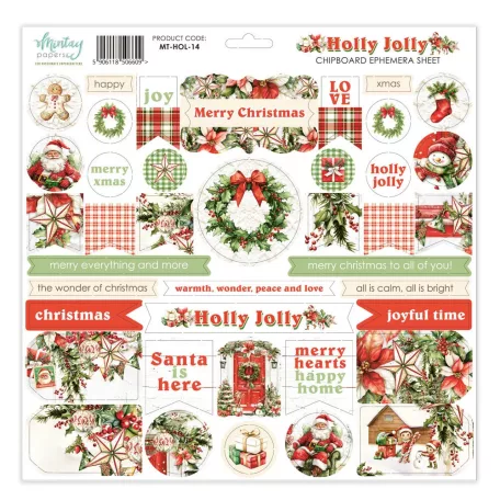 Mintay Papers Chipboard 12" (30 cm) - Chipboard Ephemera Sheet - Holly Jolly (1 ív)