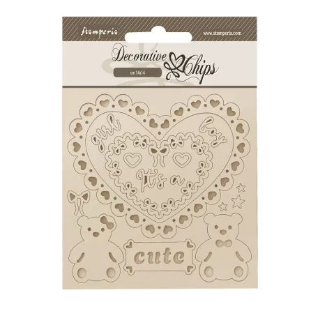 Stamperia Baby Chipboard 14x14 cm Heart and Bears Decorative Chips (1 ív)