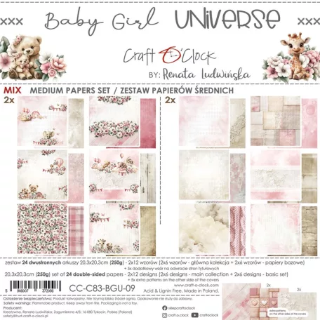 Craft O'Clock Scrapbook papírkészlet 8" (20 cm) Baby Girl Universe Mix Paper Set (24 ív)