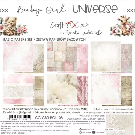 Craft O'Clock Scrapbook papírkészlet 8" (20 cm) Baby Girl Universe Basic Paper Set (24 ív)
