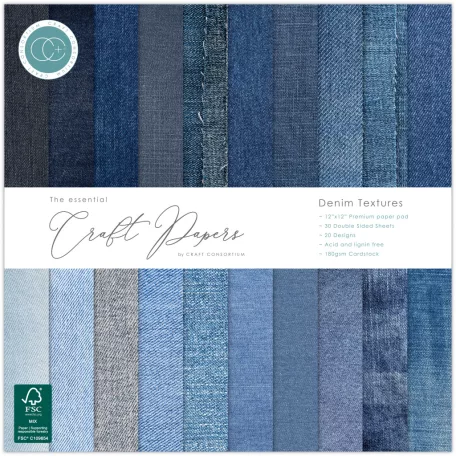 Craft Consortium Denim Textures Scrapbook papírkészlet Essential Craft Papers 12" (30 cm) 30 lap