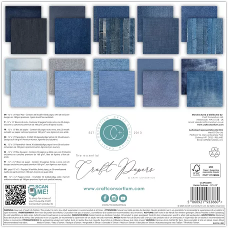 Craft Consortium Denim Textures Scrapbook papírkészlet Essential Craft Papers 12" (30 cm) 30 lap