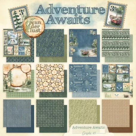 Graphic 45 Adventure Awaits Scrapbook papírkészlet 12" (30 cm) Collection Pack (24 lap)