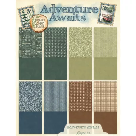 Graphic 45 Adventure Await Scrapbook papírkészlet A4 Patterns & Solids (16 lap)