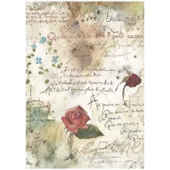   Stamperia Flowers and Poems / virágok és versek rizspapír A4 – rózsa és feliratok