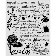   Stamperia Flowers and Poems / virágok és versek vastag stencil – 20 × 25 cm – latin ihletésű feliratok