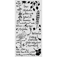   Stamperia Flowers and Poems / virágok és versek vastag stencil – 12 × 25 cm – virágok és feliratok