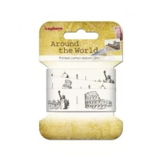   Pamut szalag 25 mm, Printed Ribbon / Around The World - A világ körül (2 méter)