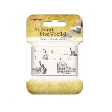 Pamut szalag 25 mm, Printed Ribbon / Around The World - A világ körül (2 méter)