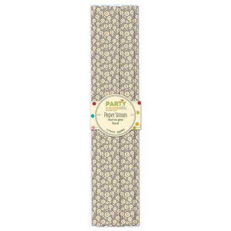 Papír szívószál , Party / Paper Straws - Grey Floral (12 db)