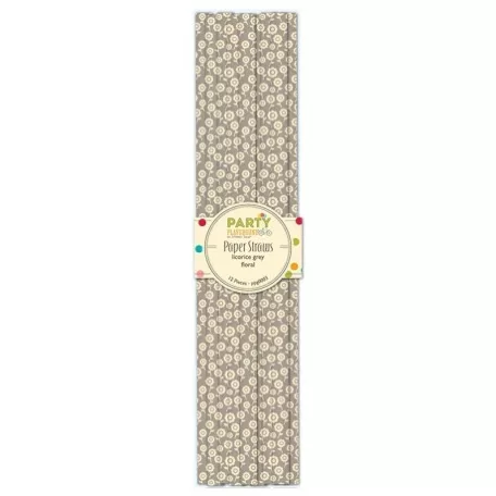 Papír szívószál , Party / Paper Straws - Grey Floral (12 db)