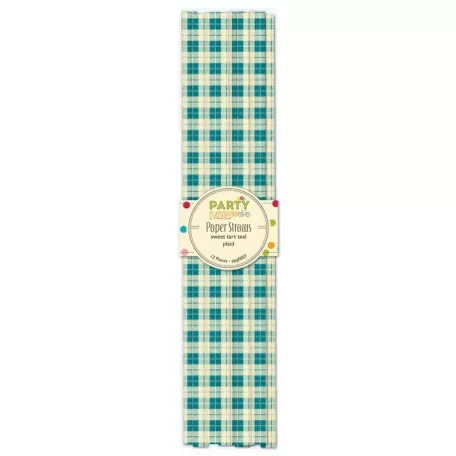 Papír szívószál , Party / Paper Straws - Teal Plaid (12 db)
