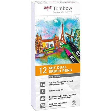 Ecsetfilc - Kéthegyű filctoll készlet , Tombow ABT Dual Brush Pen / Grey -  (12 db)